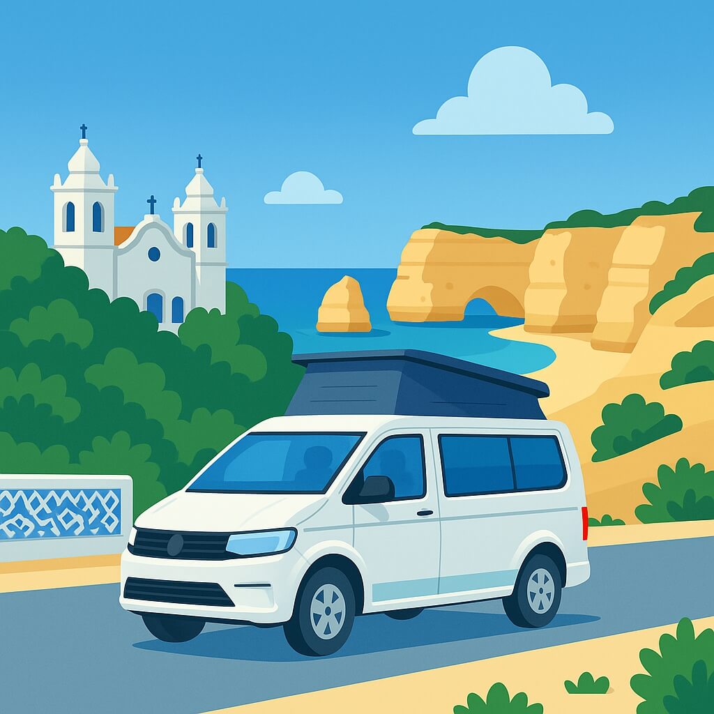 Van aménagé dominant les falaises ocre et l’arche marine de la Praia da Marinha près de Faro, Algarve.