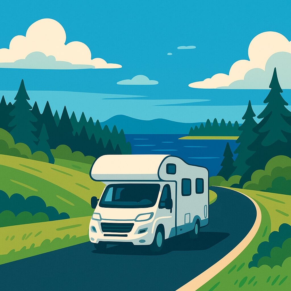 Camping-car longeant lac et forêt boréale de Finlande.