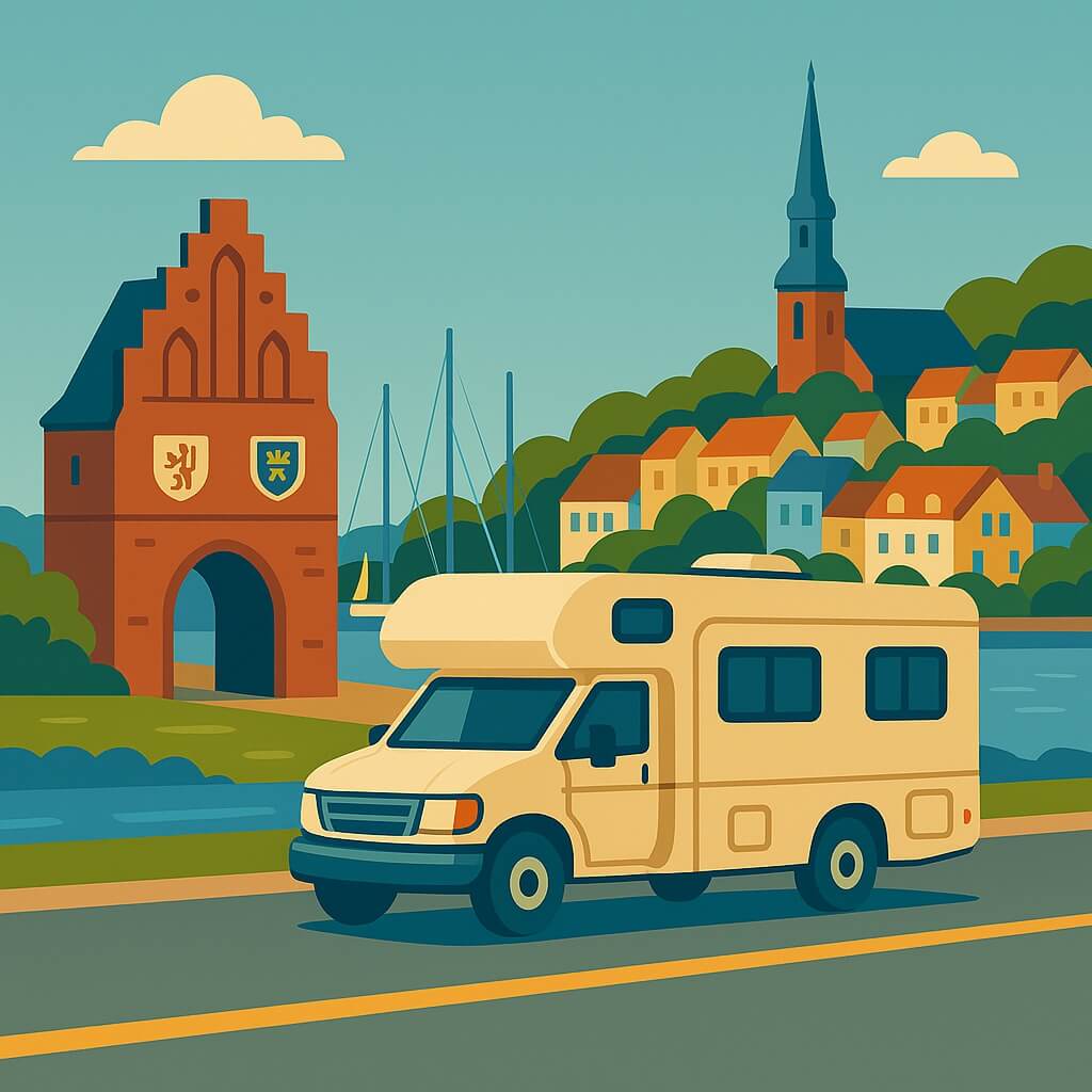 Wohnmobil an der Hafenspitze vor dem Nordertor und dem Kirchturm von St. Nikolai, Flensburg.
