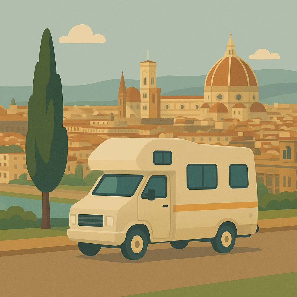 Autocaravana junto al Duomo de Florencia, Italia, al amanecer.
