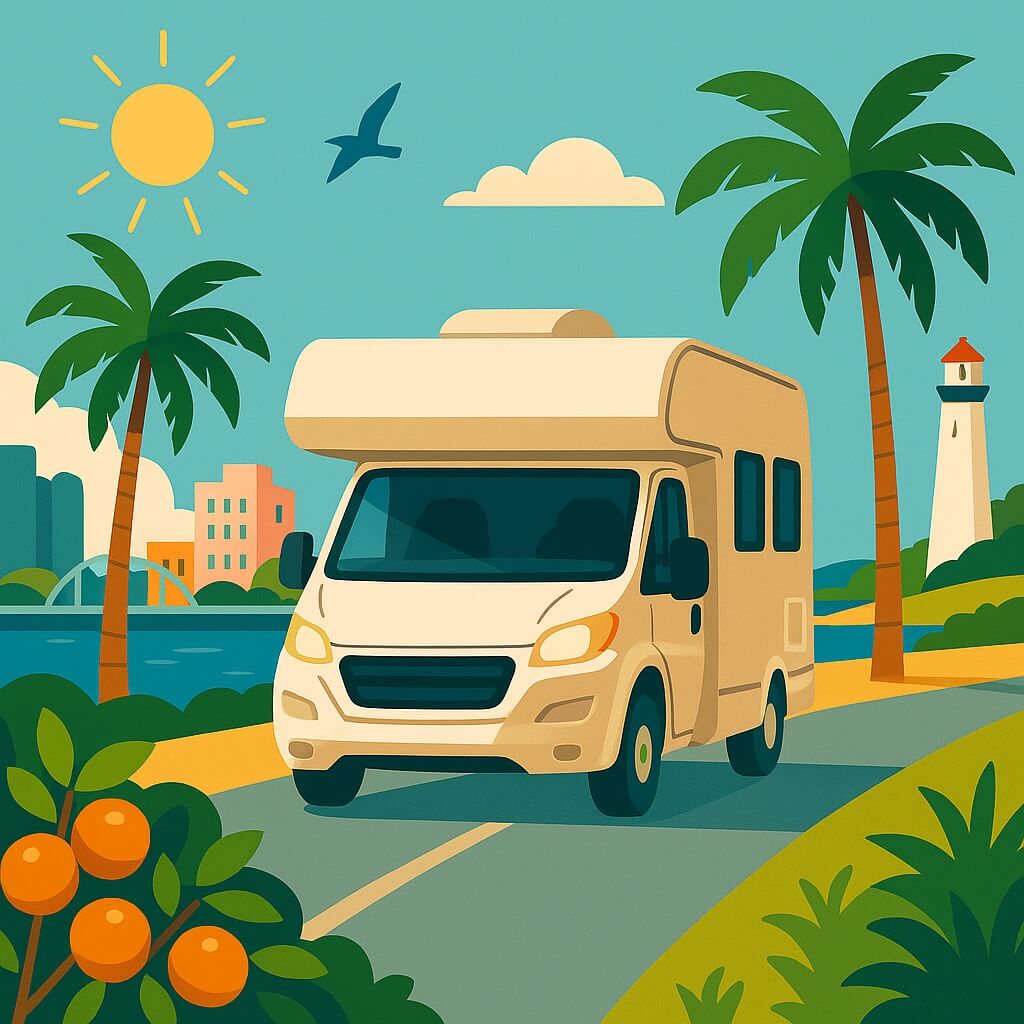 Camping-car longe la côte ensoleillée de Floride, palmiers et phare
