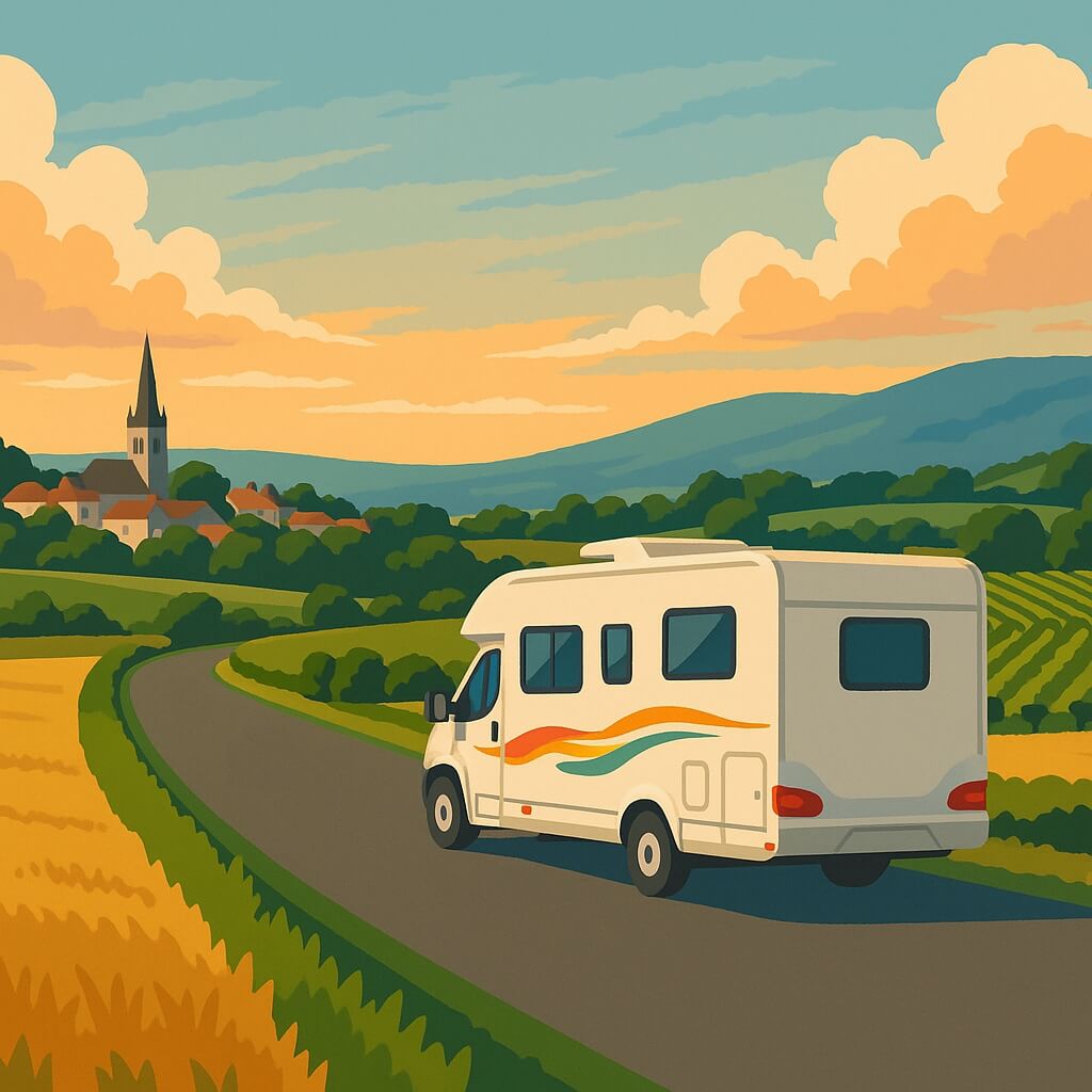 Camping-car de location serpentant entre vignes dorées en France.
