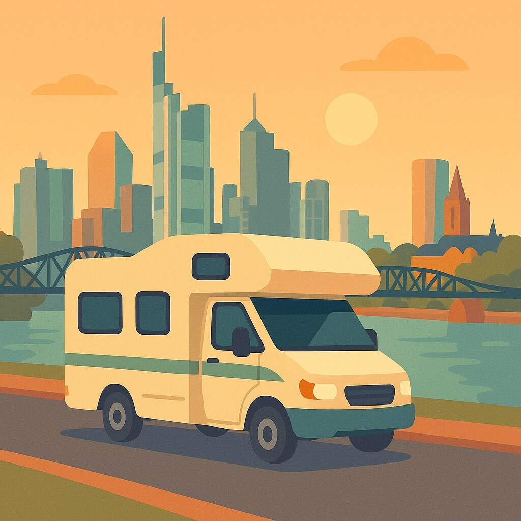 Motorhome following the Main River with Frankfurt’s skyline glowing at dusk, Germany.