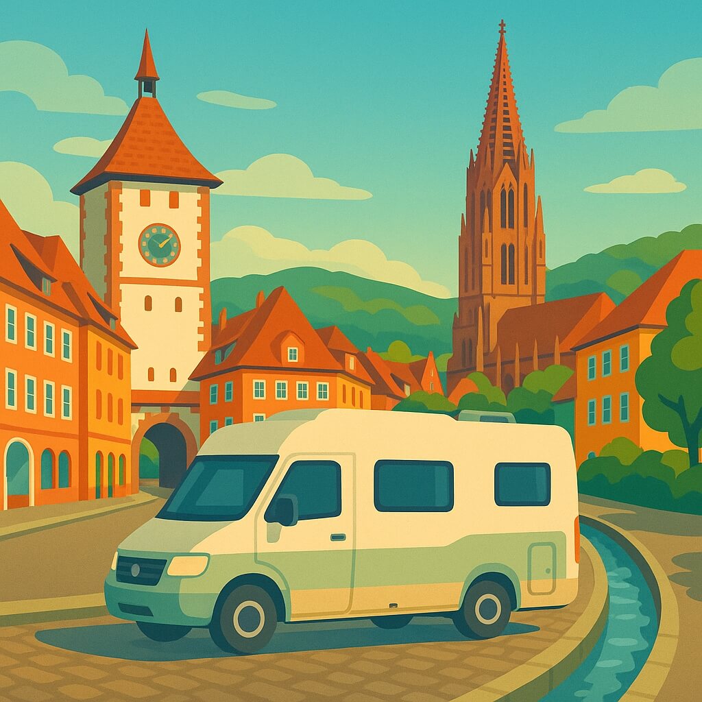 Camper am Schwabentor mit dem Freiburger Münster vor den Schwarzwaldhängen, Deutschland.