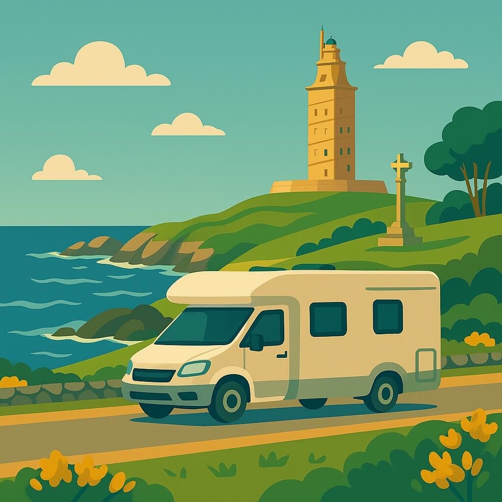 Autocaravana costera ante la Torre de Hércules y el Atlántico, A Coruña, Galicia, España.