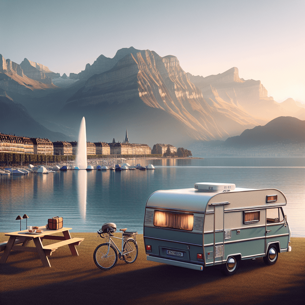 Camper hire beside Lake Geneva with Jet d'Eau and Jura Mountains