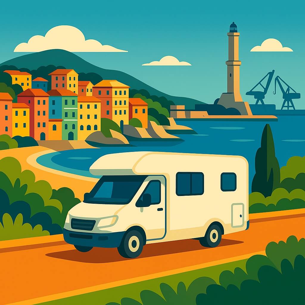 Autocaravana bordea la costa de Génova, Italia, junto a la Lanterna.