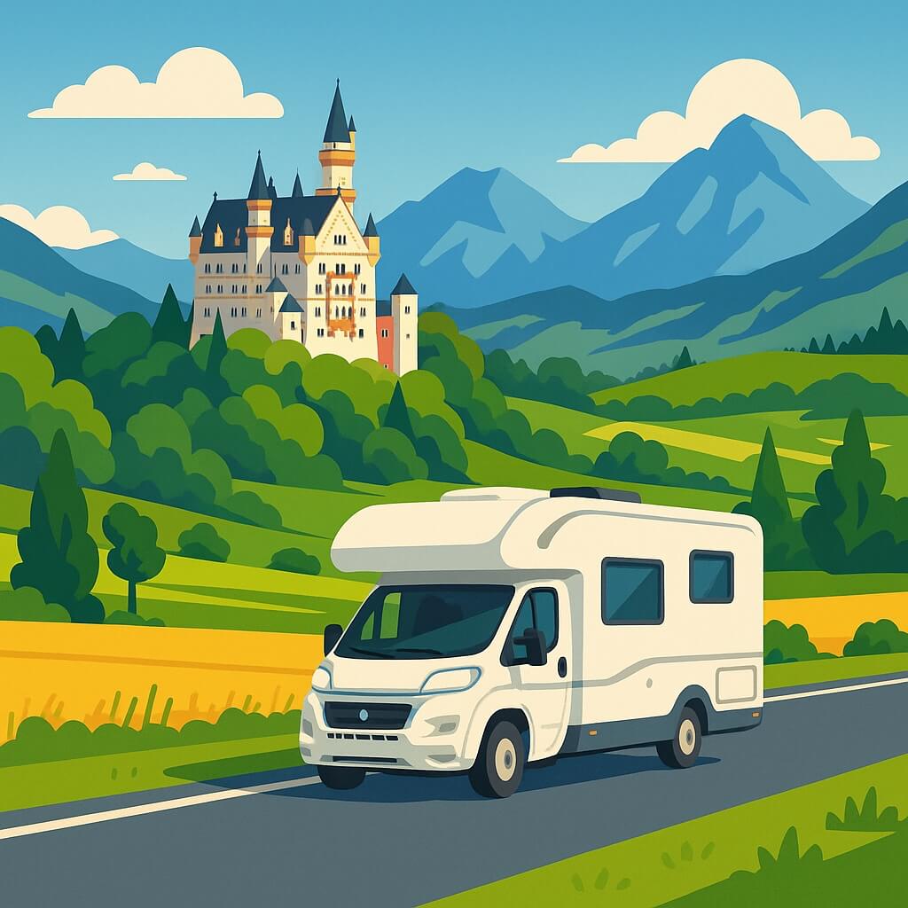 Camper costeggia castello bavarese in Germania sotto monti alpini.