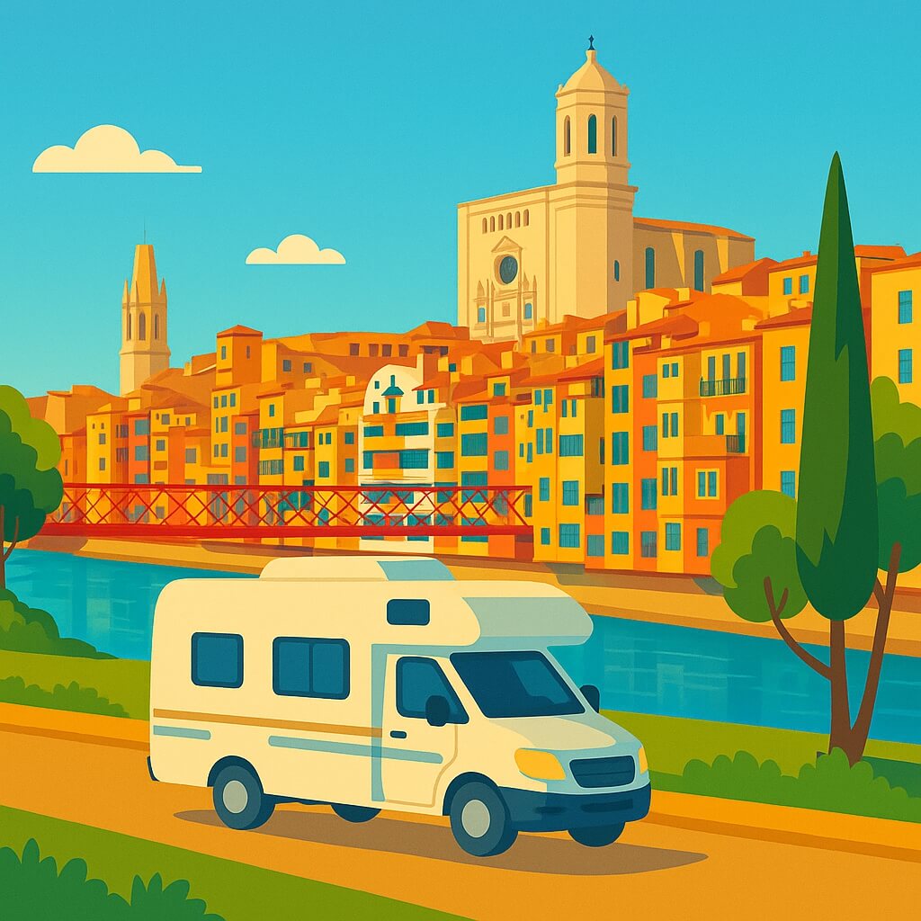 Autocaravana bordeando el río Onyar con las casas de colores y la catedral de Gerona al fondo.
