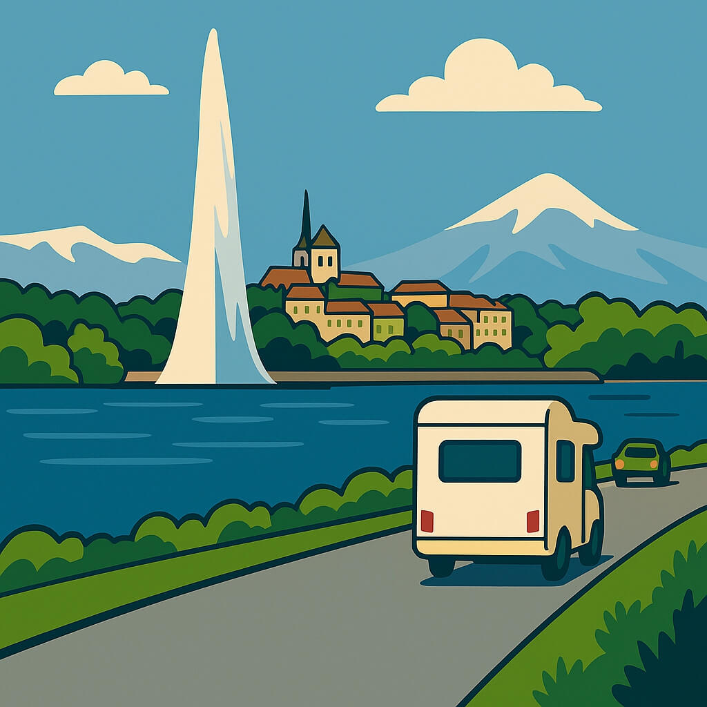 Autocaravana junto al Jet d’Eau y Alpes en Ginebra, Suiza.