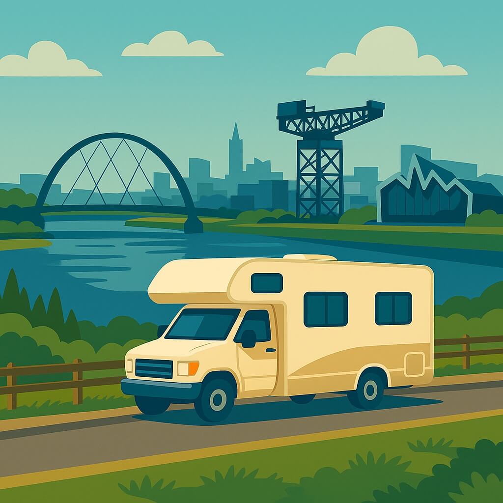 Autocaravana recorriendo la ribera del Clyde junto al puente Clyde Arc y la grúa Finnieston, Glasgow, Escocia.