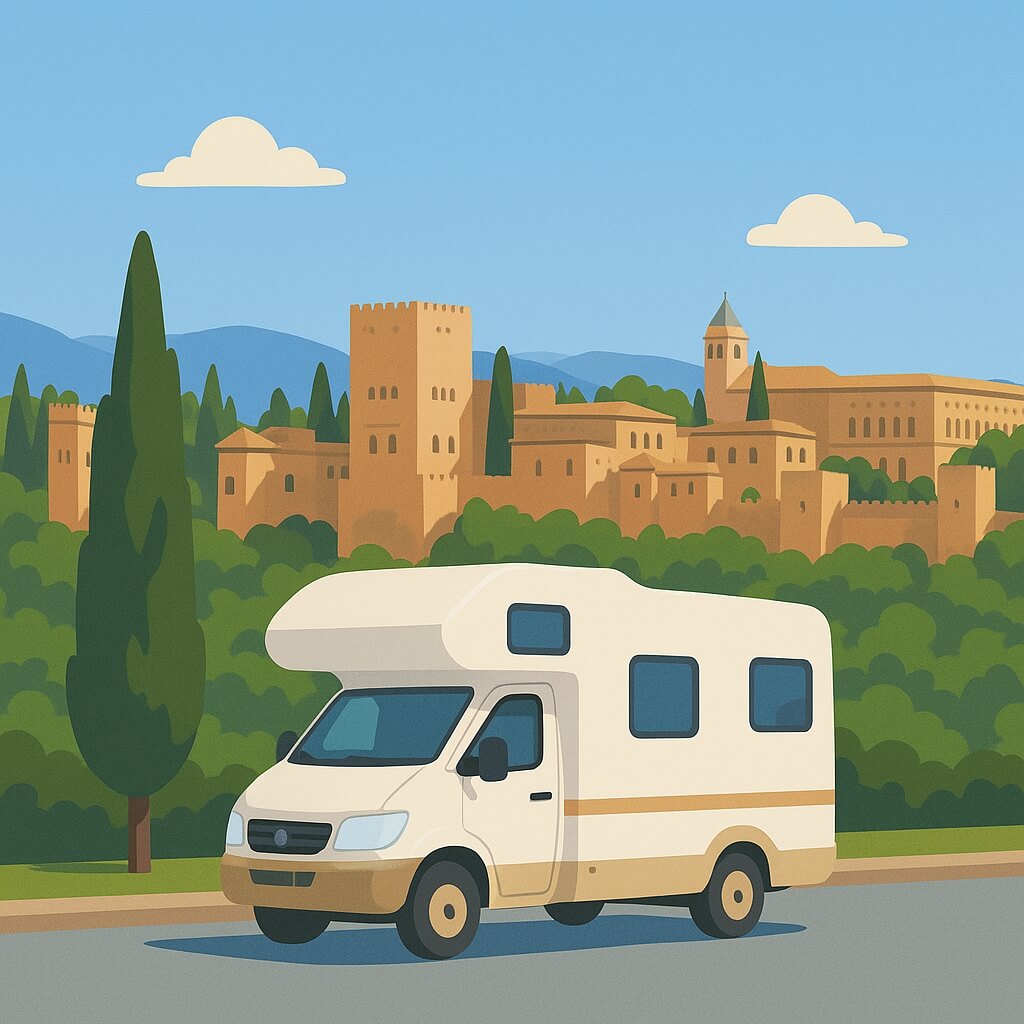 Autocaravana con vistas panorámicas a la Alhambra entre cipreses, Granada, España.