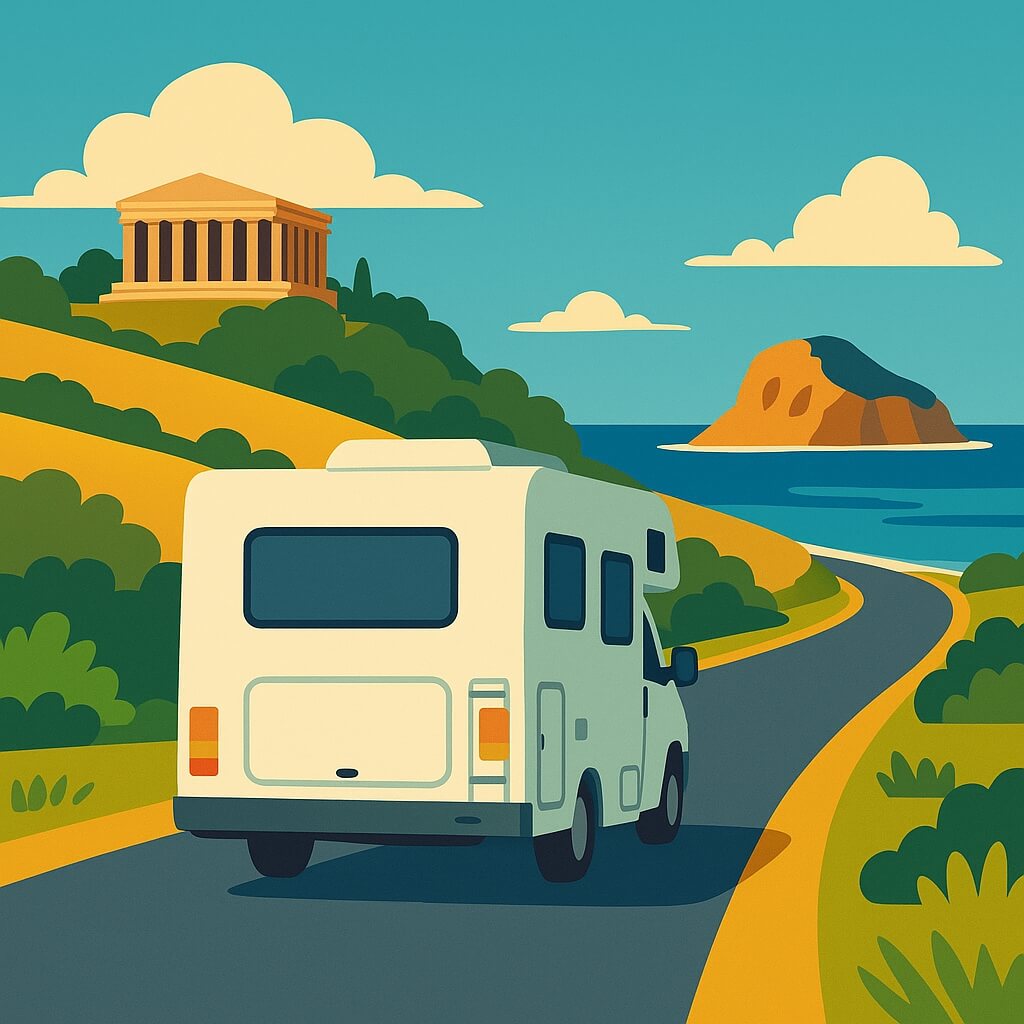 Motorhome road-tripping Greece seaside near ancient hilltop temple.
