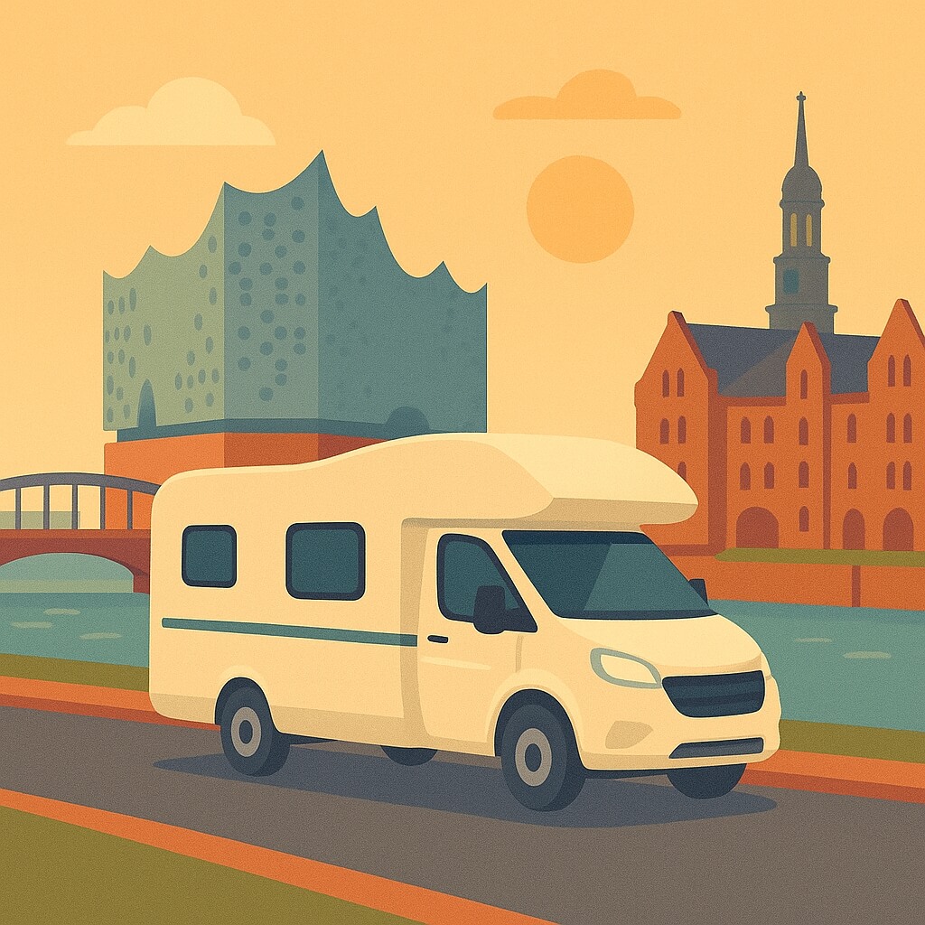 Motorhome driving alongside the Elbphilharmonie and red-brick warehouses of Hamburg’s Speicherstadt, Germany.