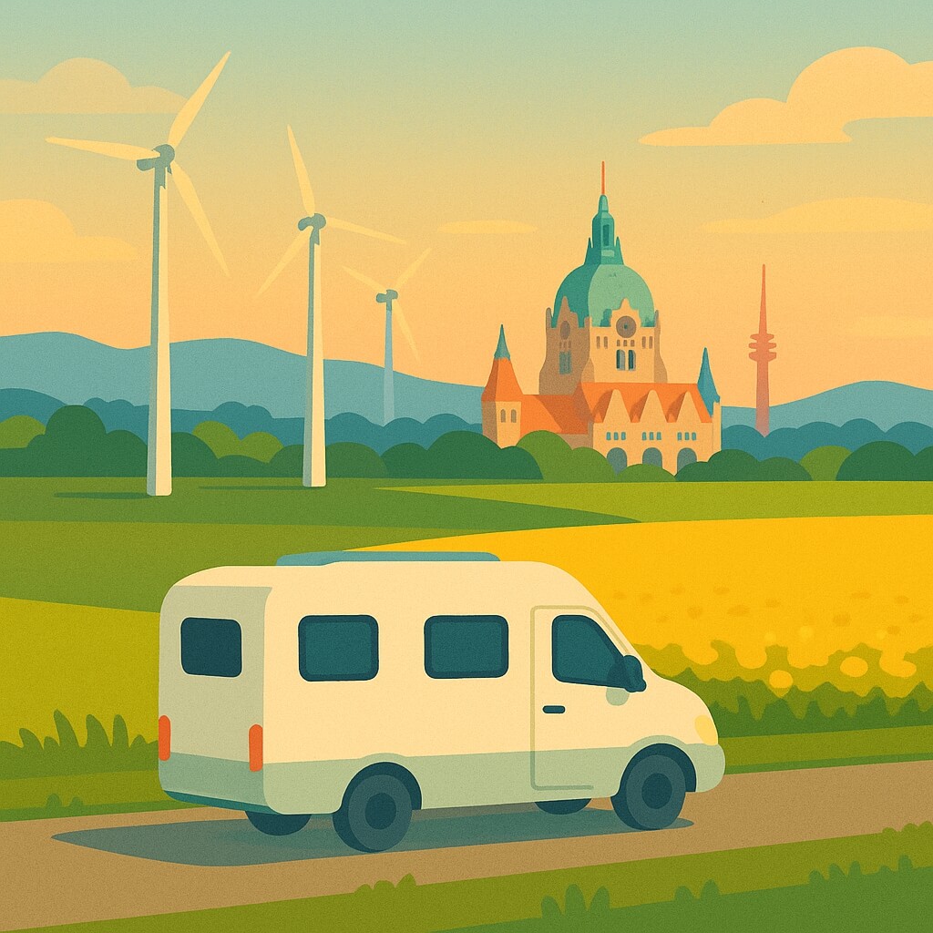 Campervan driving past rapeseed fields and wind turbines with Hannover’s domed New Town Hall in the sunset haze, Germa
