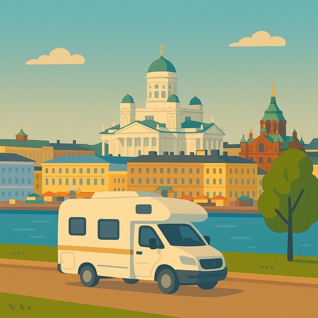 Autocaravana recorriendo el muelle del puerto sur bajo las cúpulas blancas de la Catedral de Helsinki, Finlandia.