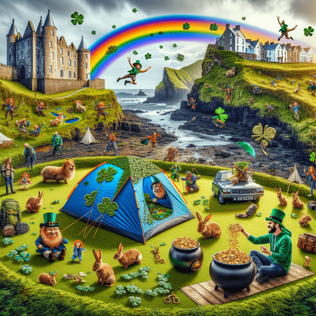 Camper amidst Giant's Causeway, leprechauns, hares, and rainbow