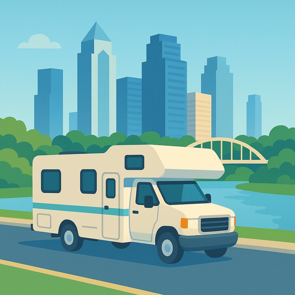 Camping-car traversant Buffalo Bayou Park face aux gratte-ciel étincelants et à la passerelle arquée de Houston, Texa