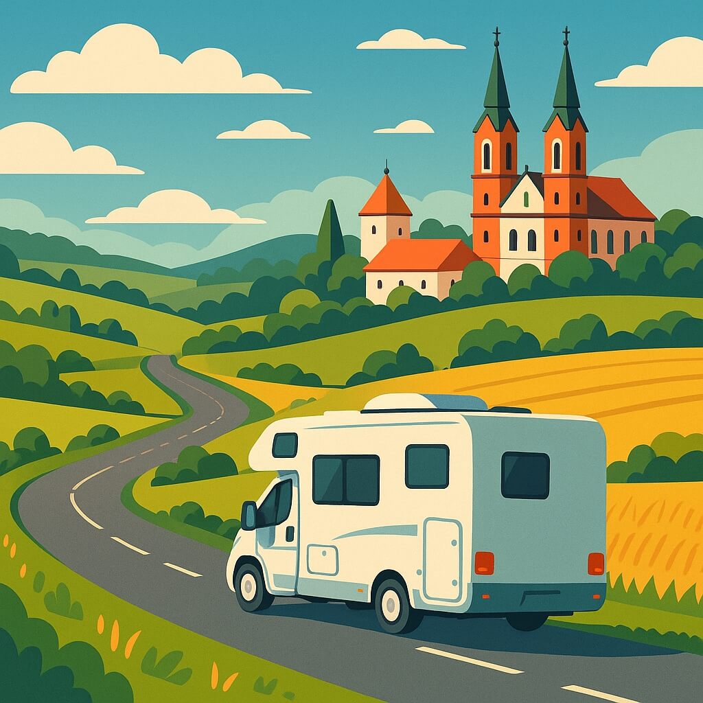 Motorhome winding through Hungary countryside toward red-roofed village church.