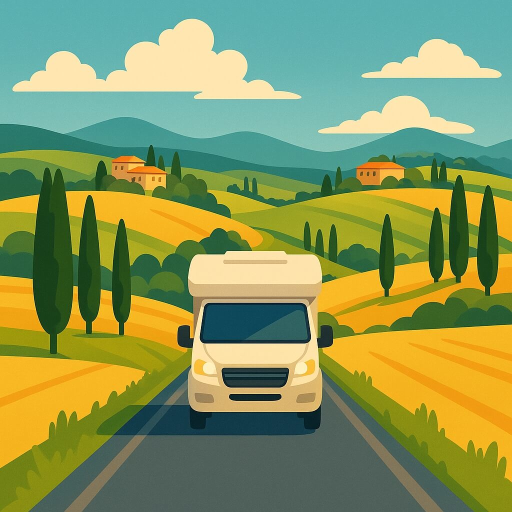 Camper tra le dolci colline toscane dorate d'Italia.