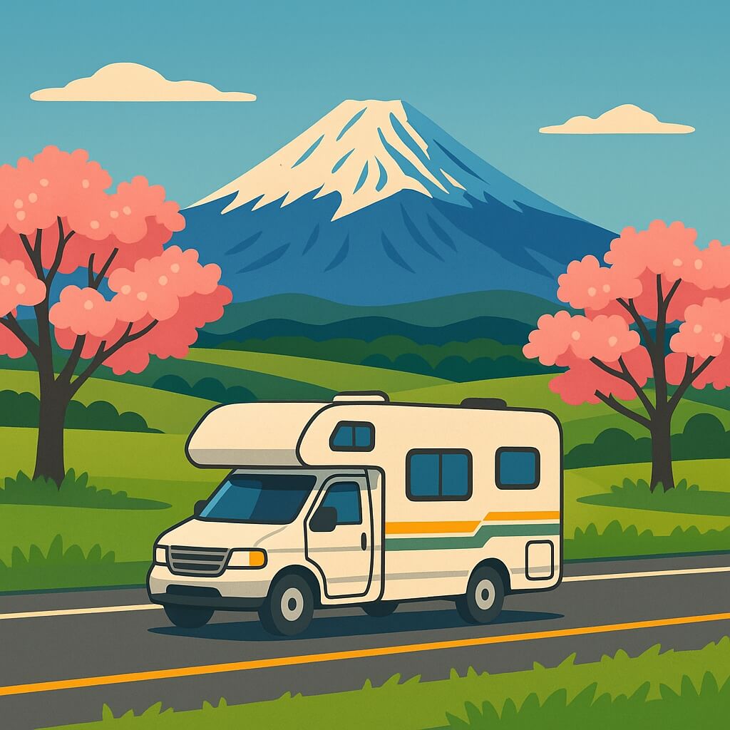 Motorhome drives under Mount Fuji amid Japan spring cherry blossoms.