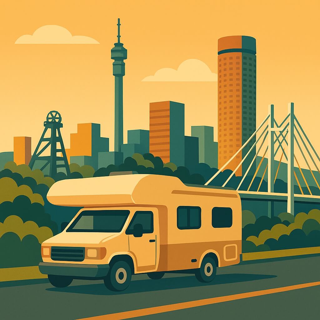 Camper crossing Nelson Mandela Bridge with the Hillbrow Tower and downtown skyline of Johannesburg, South Africa.