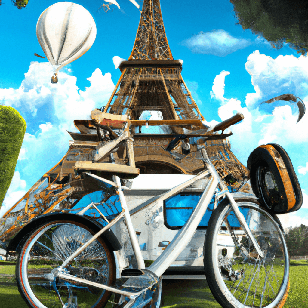 Camper joyeuse près de la Tour Eiffel, cyclistes, farolas anciennes