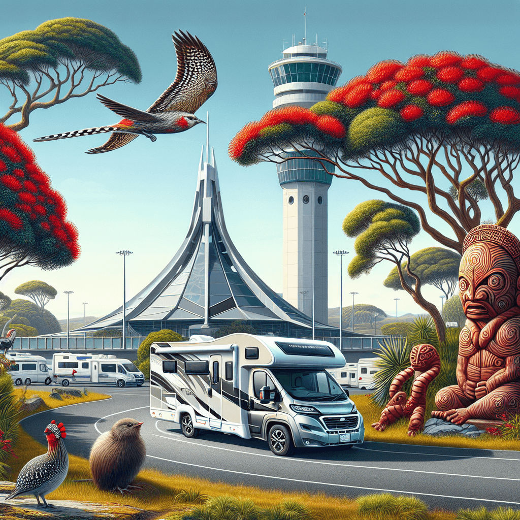 Campervan amidst Pohutukawa trees, Kiwi birds, near Auckland Airport