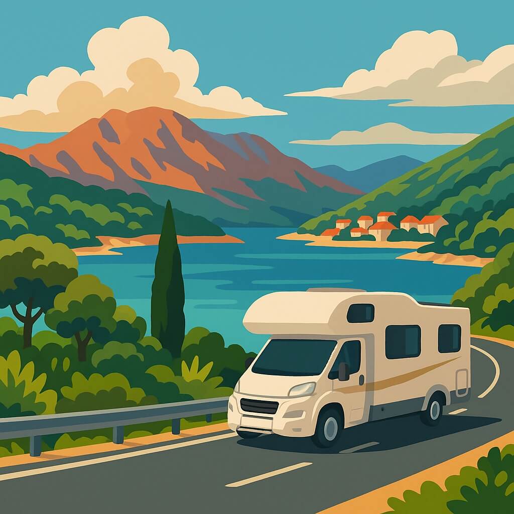 Mietwohnmobil kurvt an Kroatiens dalmatinischer Küste mit türkisblauem Meer.