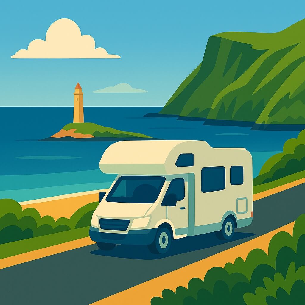 Motorhome driving along Larne’s coastal road past a lone lighthouse and emerald headlands