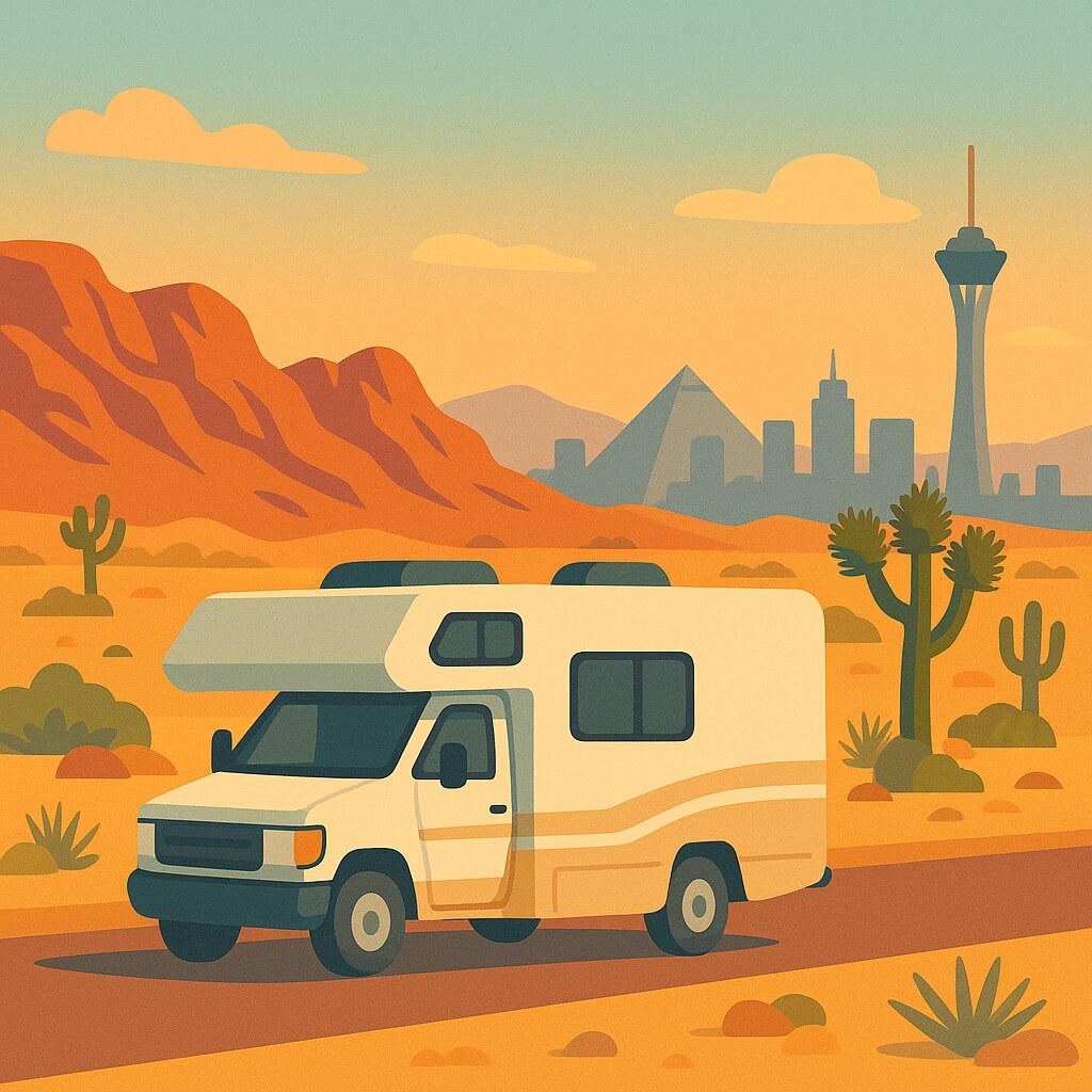 Motorhome parked among Joshua trees with the Las Vegas skyline and Stratosphere Tower on the horizon, Nevada, USA.