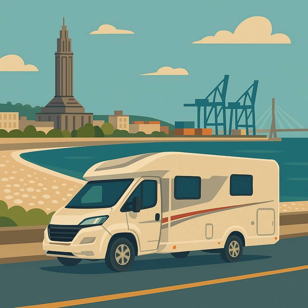 Camping-car longeant la plage avec la tour Saint-Joseph, les portiques du terminal et le pont de Normandie à l’horizo
