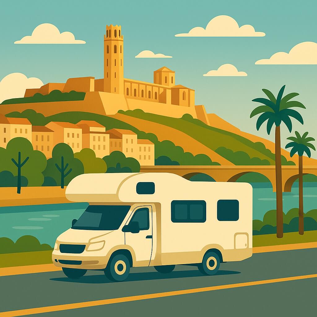 Autocaravana junto al río Segre con la Seu Vella coronando la colina de Lérida, España.