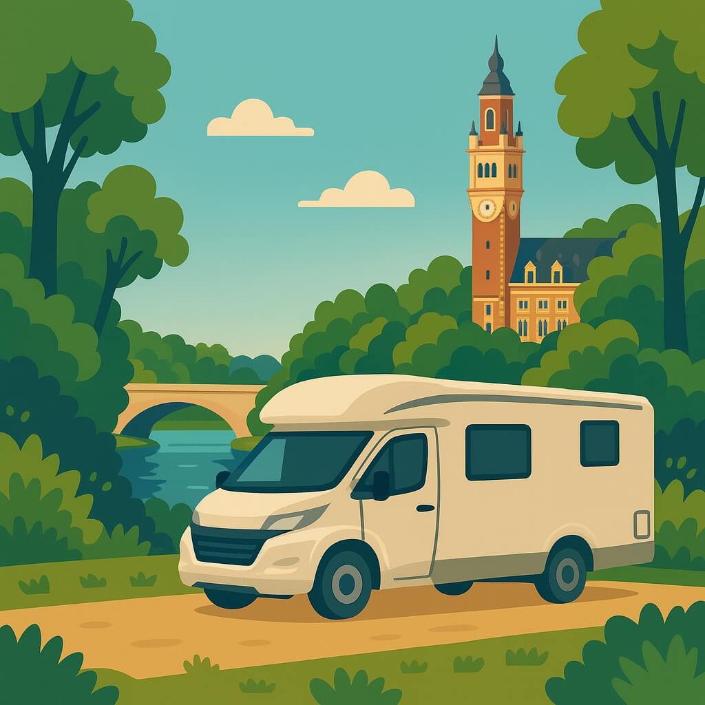 Camping-car traversant un parc arboré tandis que le beffroi rouge de Lille domine l’horizon, France.
