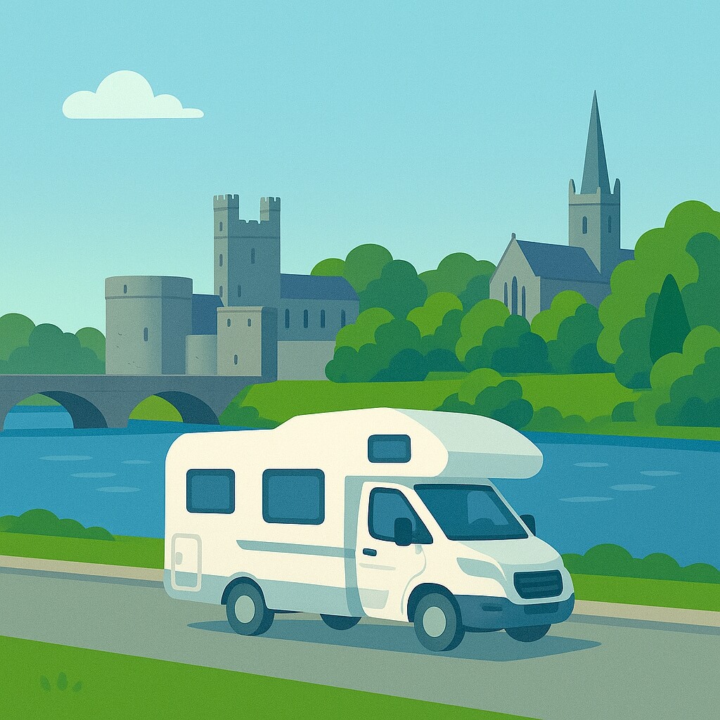 Campervan by the River Shannon facing King John’s Castle and St Mary’s Cathedral spire, Limerick, Ireland.
