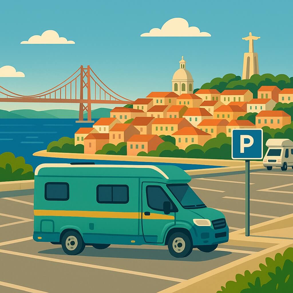 Camper auf dem Miradouro mit Blick auf Alfama, die Hängebrücke 25 de Abril und Cristo Rei, Lissabon.