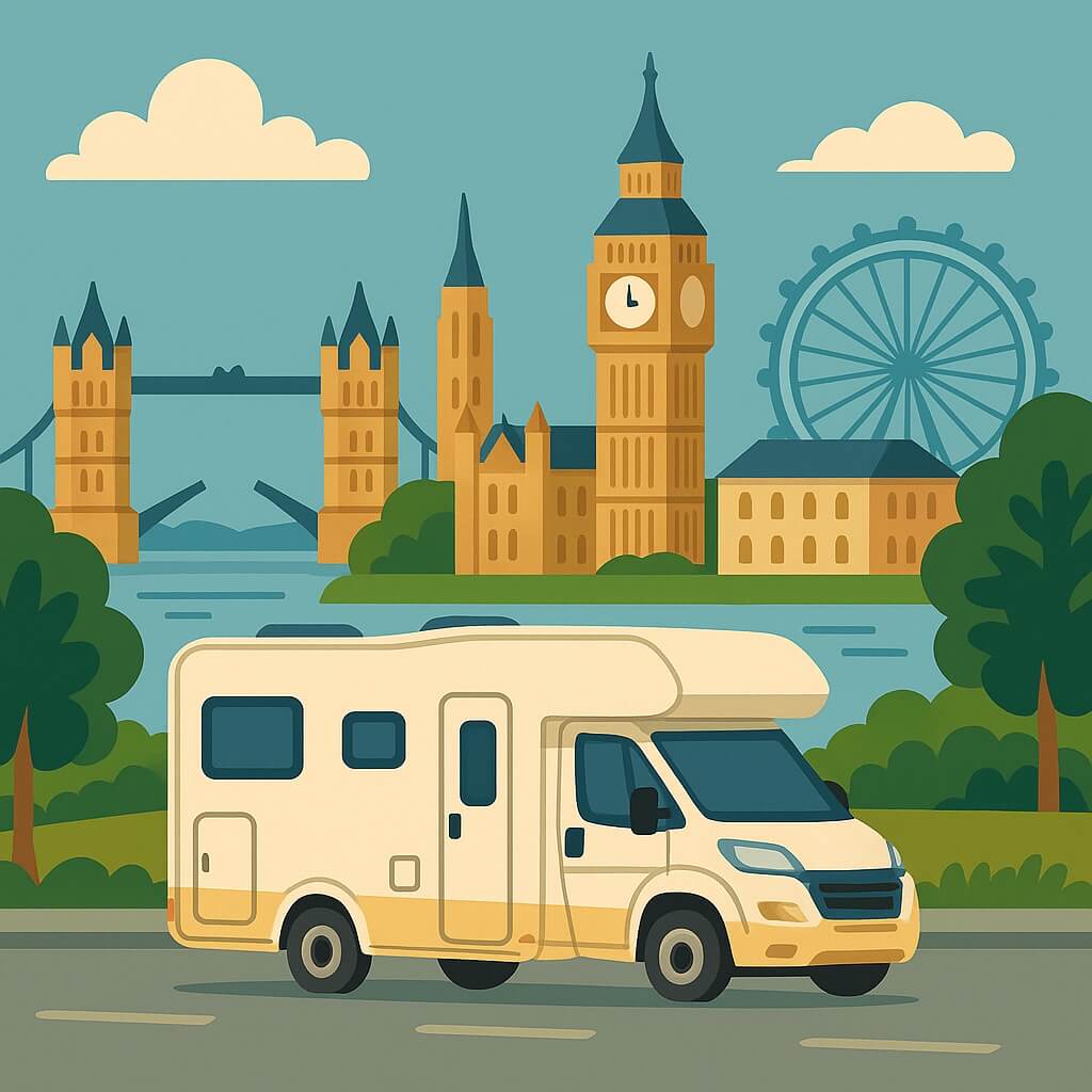 Motorhome cruising the Thames Embankment with Big Ben, the London Eye and Tower Bridge in the United Kingdom.