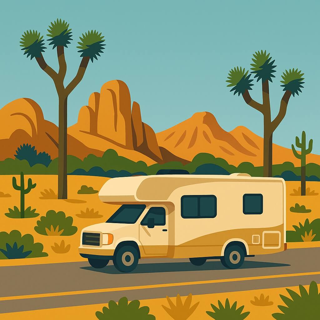 Motorhome cruising the yucca-dotted road of Joshua Tree National Park, a classic first stop after pick-up in Los Angeles