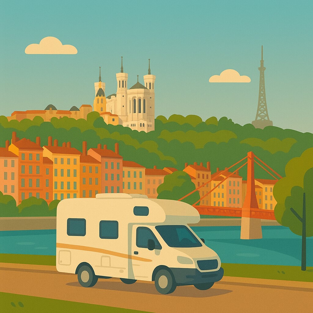 Autocaravana junto a la ribera del Saona con la pasarela, la basílica de Fourvière y la torre metálica al fondo, Lyon