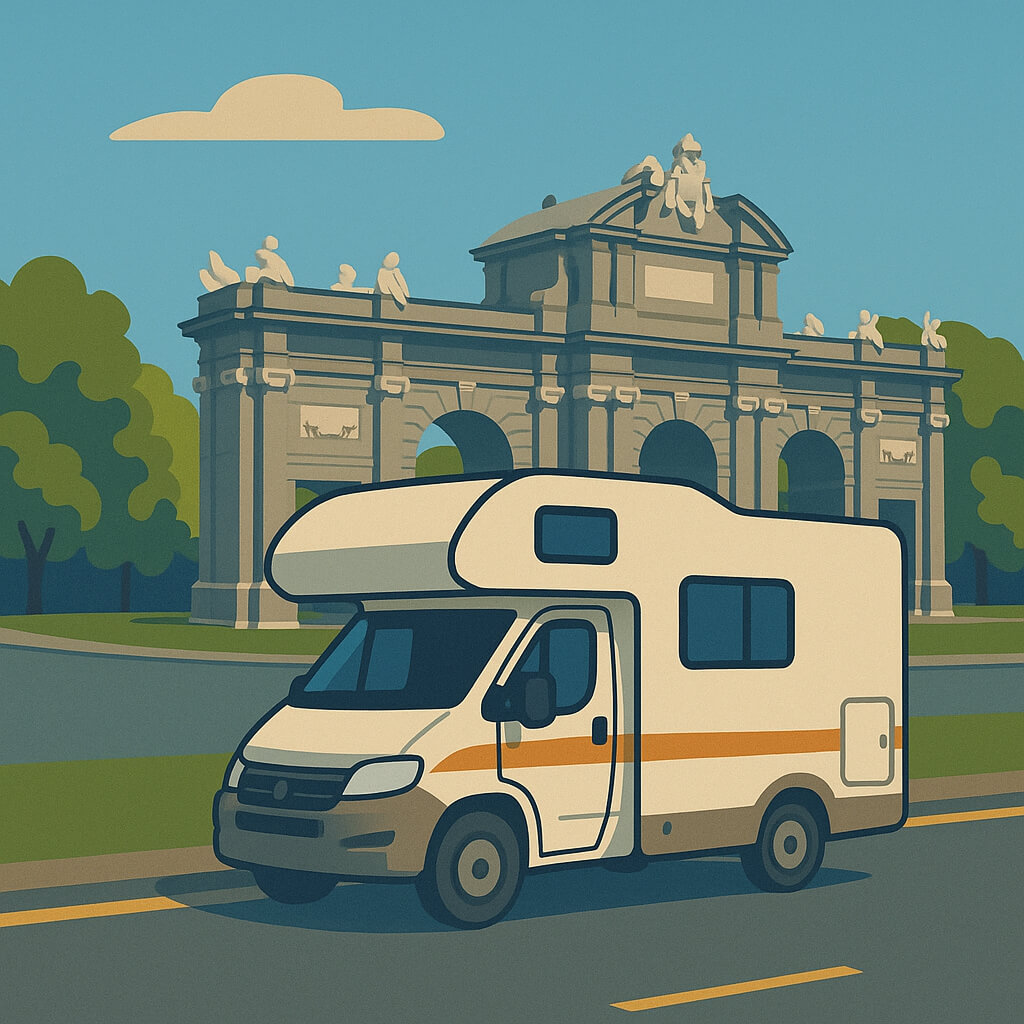 Wohnmobil vor der klassizistischen Puerta de Alcalá im Retiro-Viertel, Madrid.