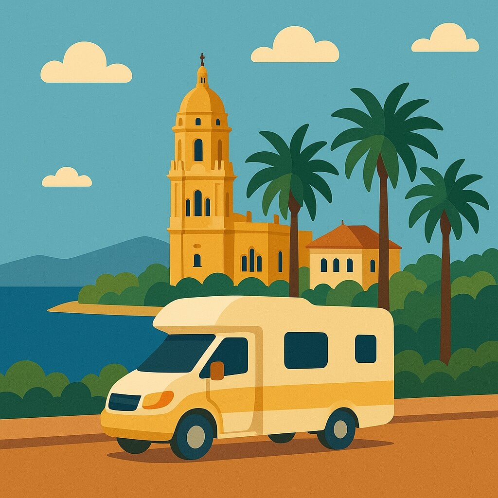Camper sul lungomare con le palme e la cattedrale di Málaga sullo sfondo.