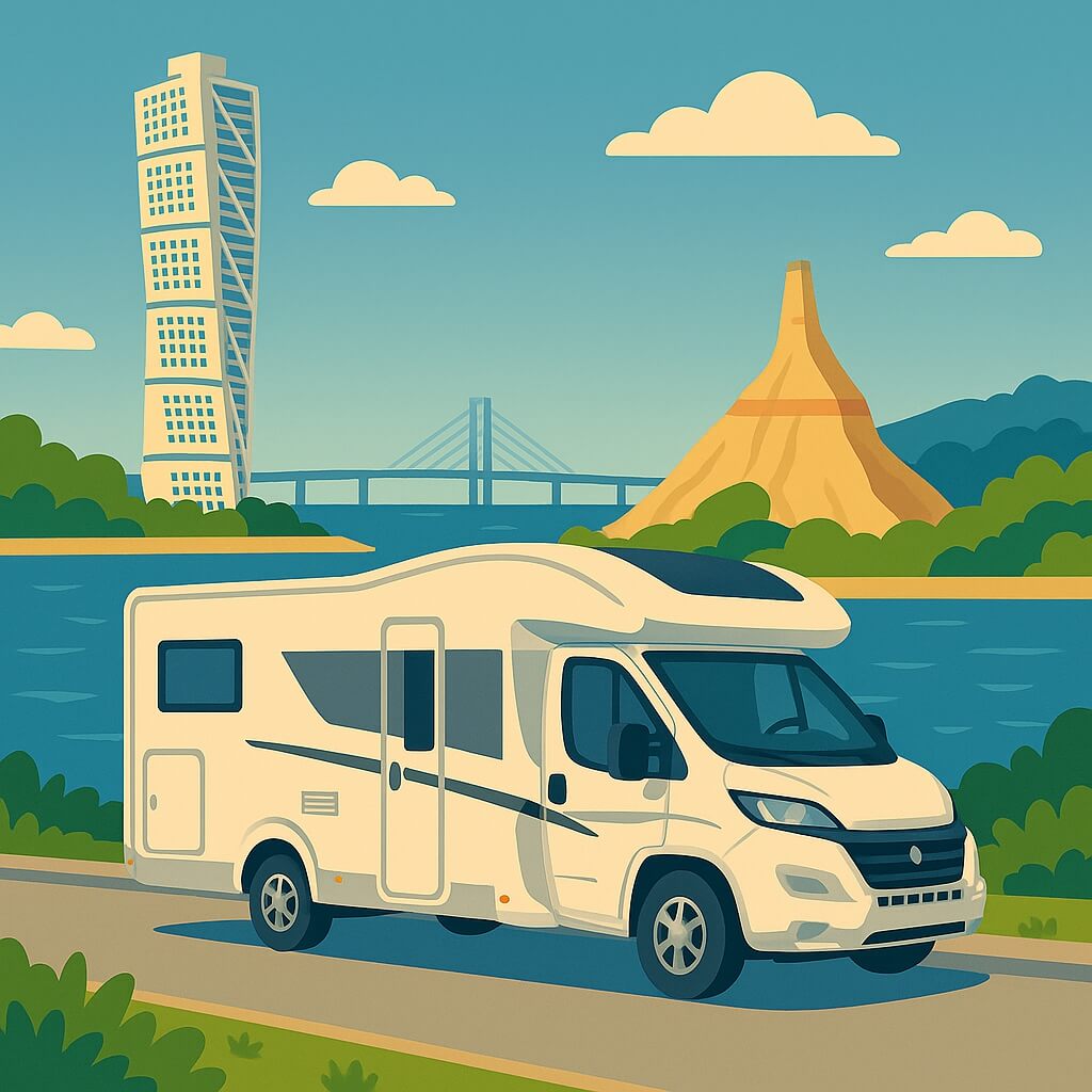 Motorhome skirting the waterfront beside the Turning Torso and Öresund Bridge, Malmö, Sweden.