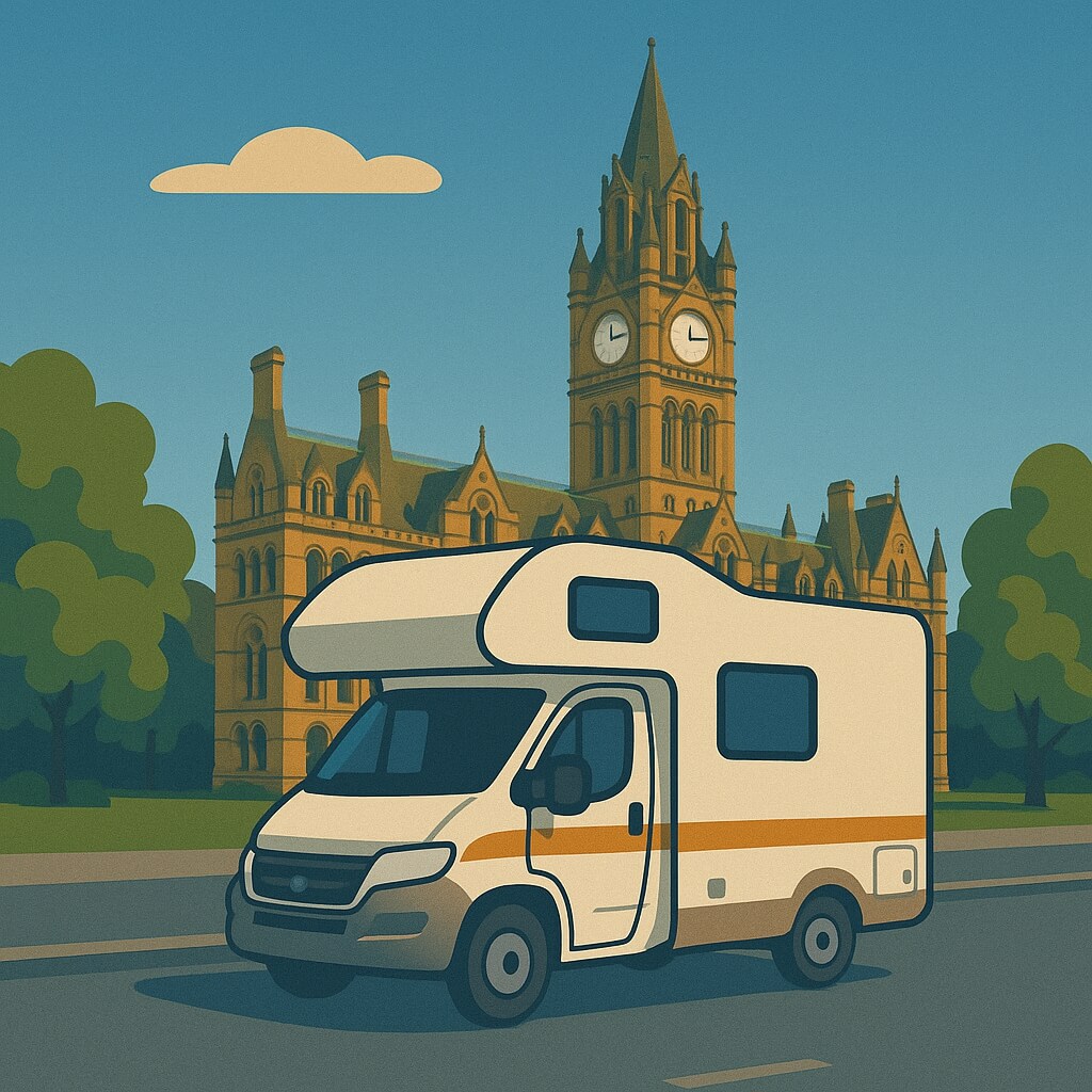 Wohnmobil vor dem neugotischen Rathaus-Turm in Albert Square, Manchester.