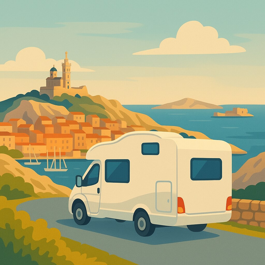 Motorhome winding along the seaside corniche overlooking Notre-Dame de la Garde and the islands, Marseille, France.
