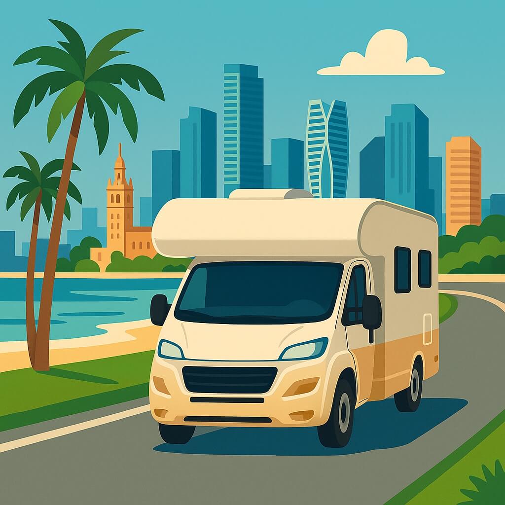 Autocaravana recorre el litoral de Miami entre palmeras y rascacielos.