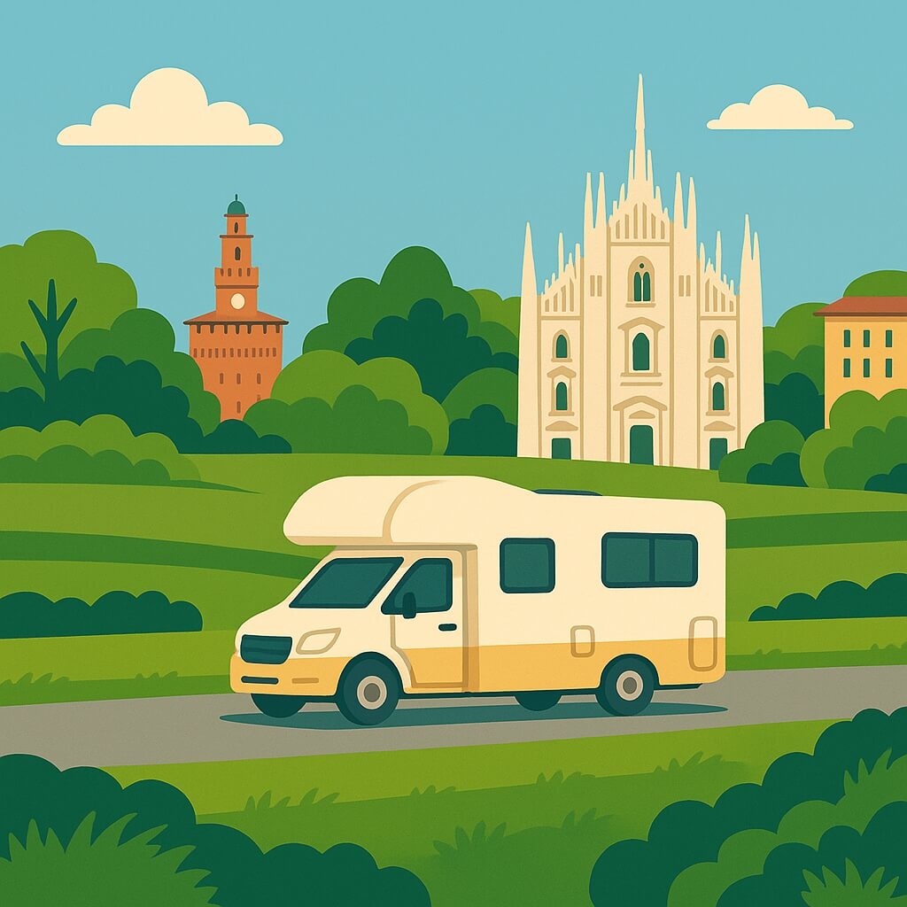 Camper con vista sul Duomo e sul Castello Sforzesco di Milano, Italia.