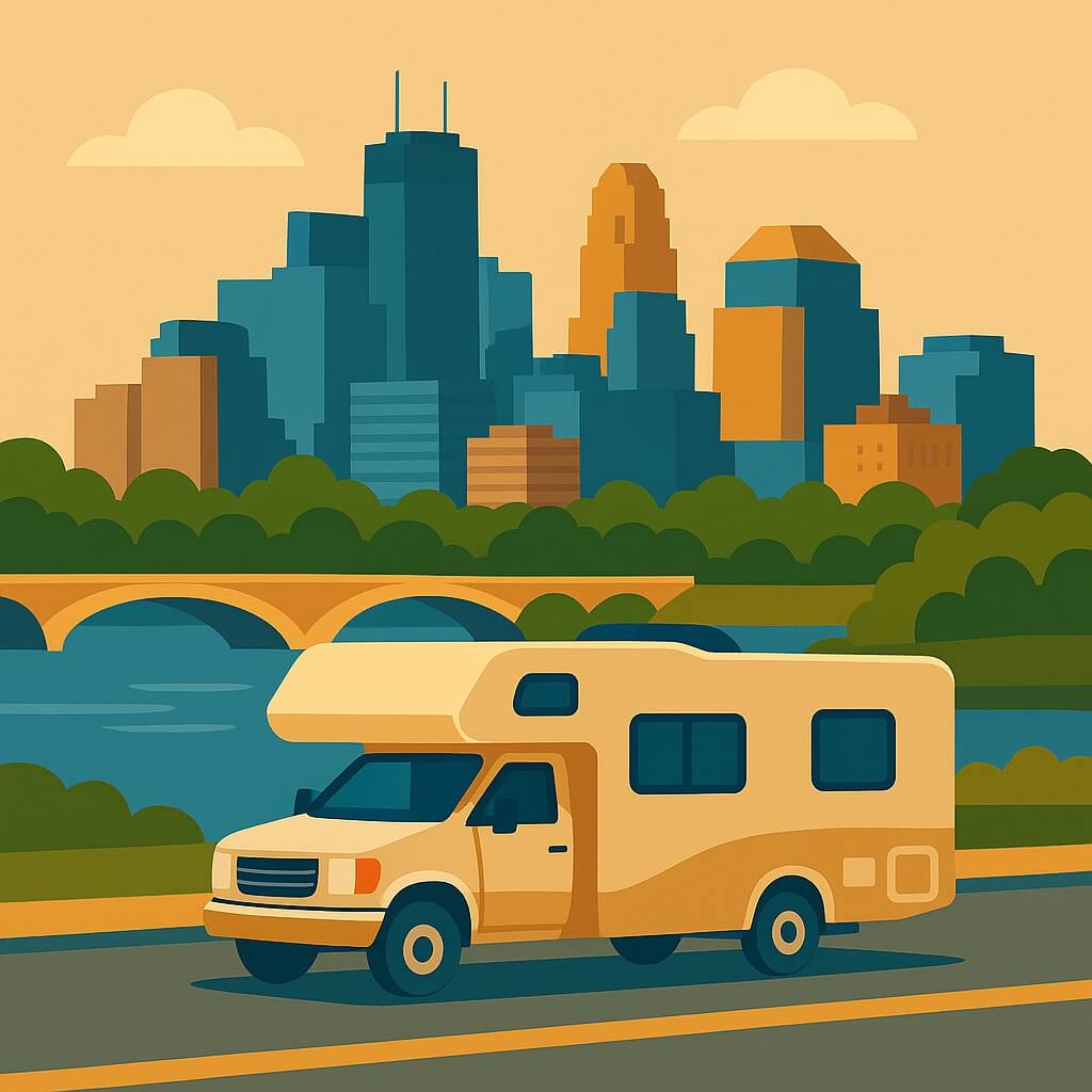 Campervan in Minneapolis overlooking the Mississippi and Stone Arch Bridge with IDS Center and skyline.