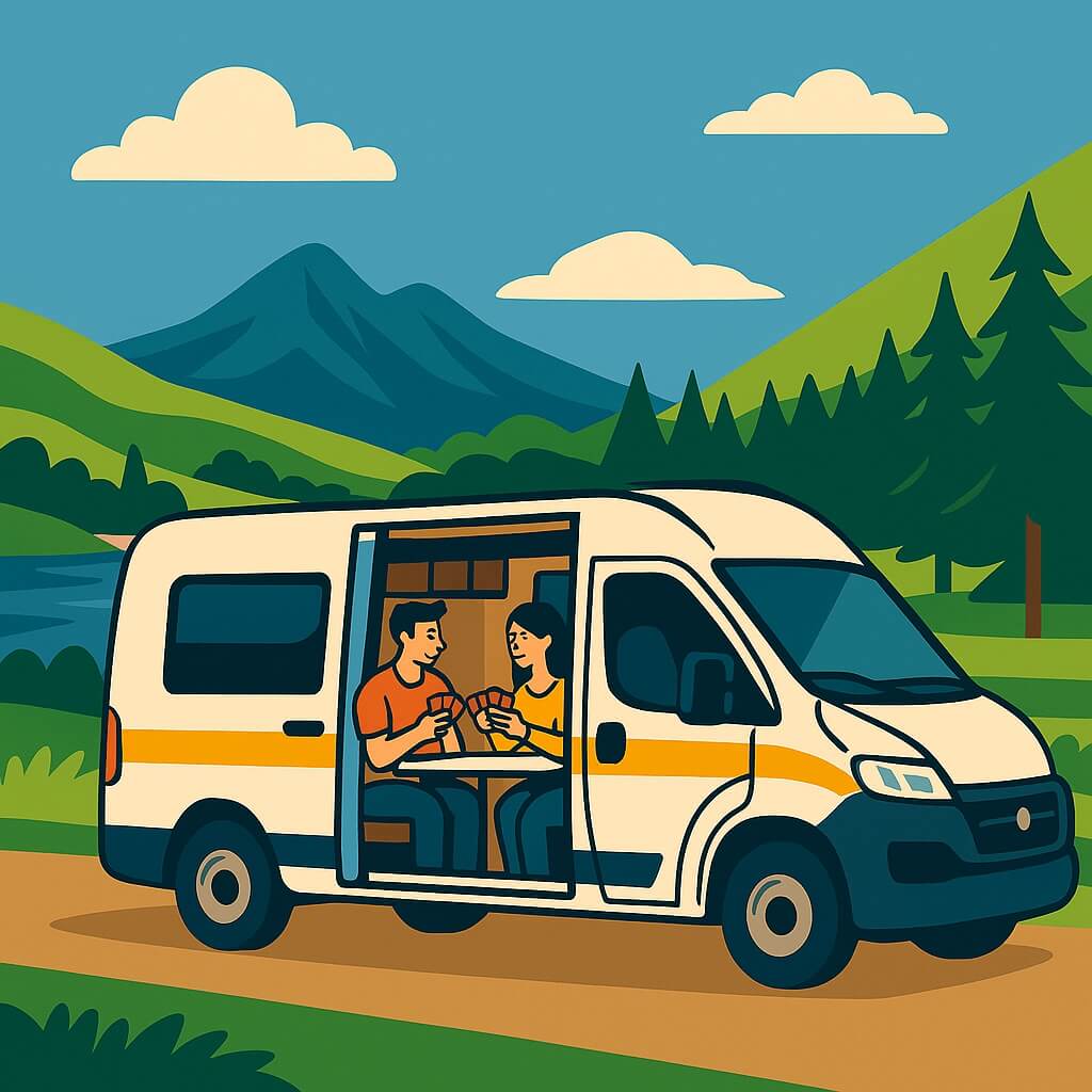Campervan parked by a river under Montana peaks near Missoula, USA