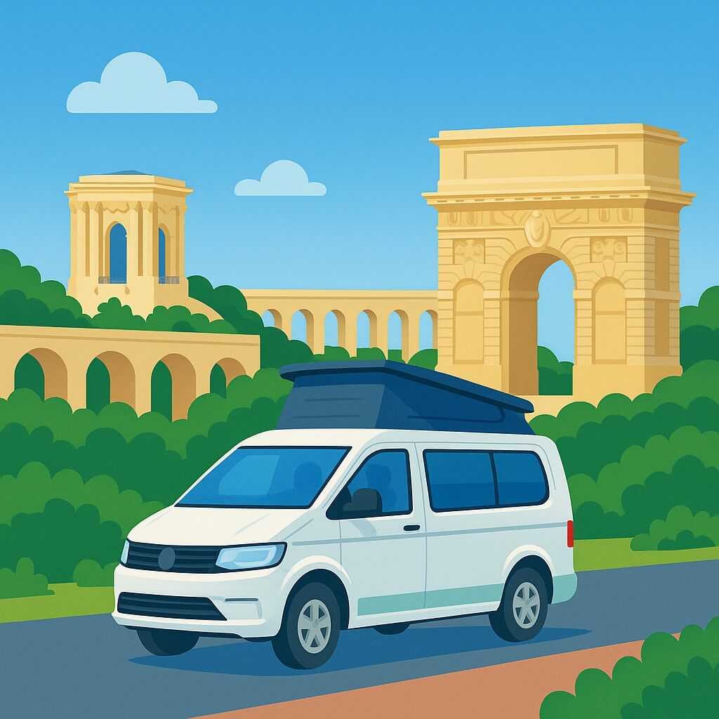 Camper junto al Arco del Triunfo y al acueducto de Montpellier, Francia.