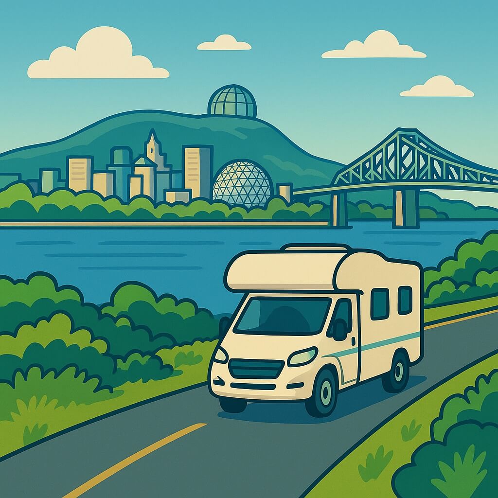 Autocaravana recorre Montreal junto al puente Jacques Cartier y Biosphère.